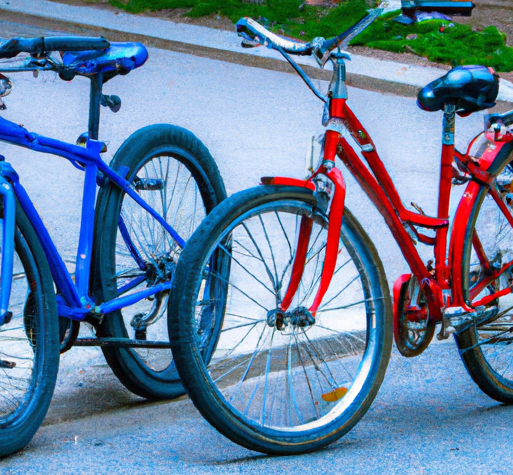 Picture of a red bike and a blue bike next to a curb